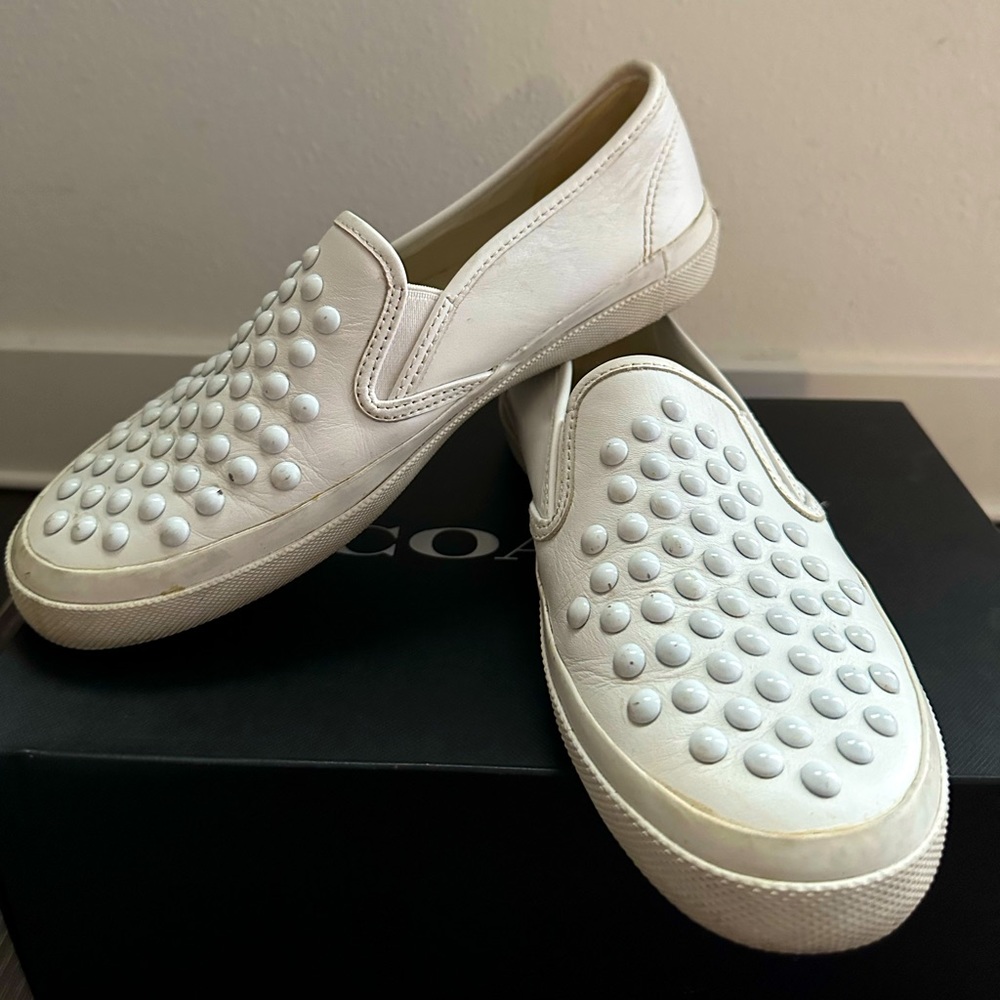 Coach Chrissy Rivets White Napa Leather Canvas Slip-on / US 7.5M